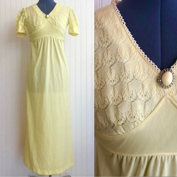 Vintage | Dresses | Vintage 7s Long Formal Gown Pale Yellow Lace Empire  Waist Girls 4 Brooch Jewel | Poshmark